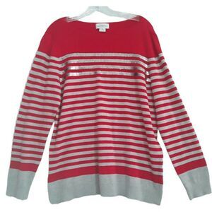 Liz Claiborne Sweater Womens XL Red Gray Striped Sequin Long Sleeve Boat Neck